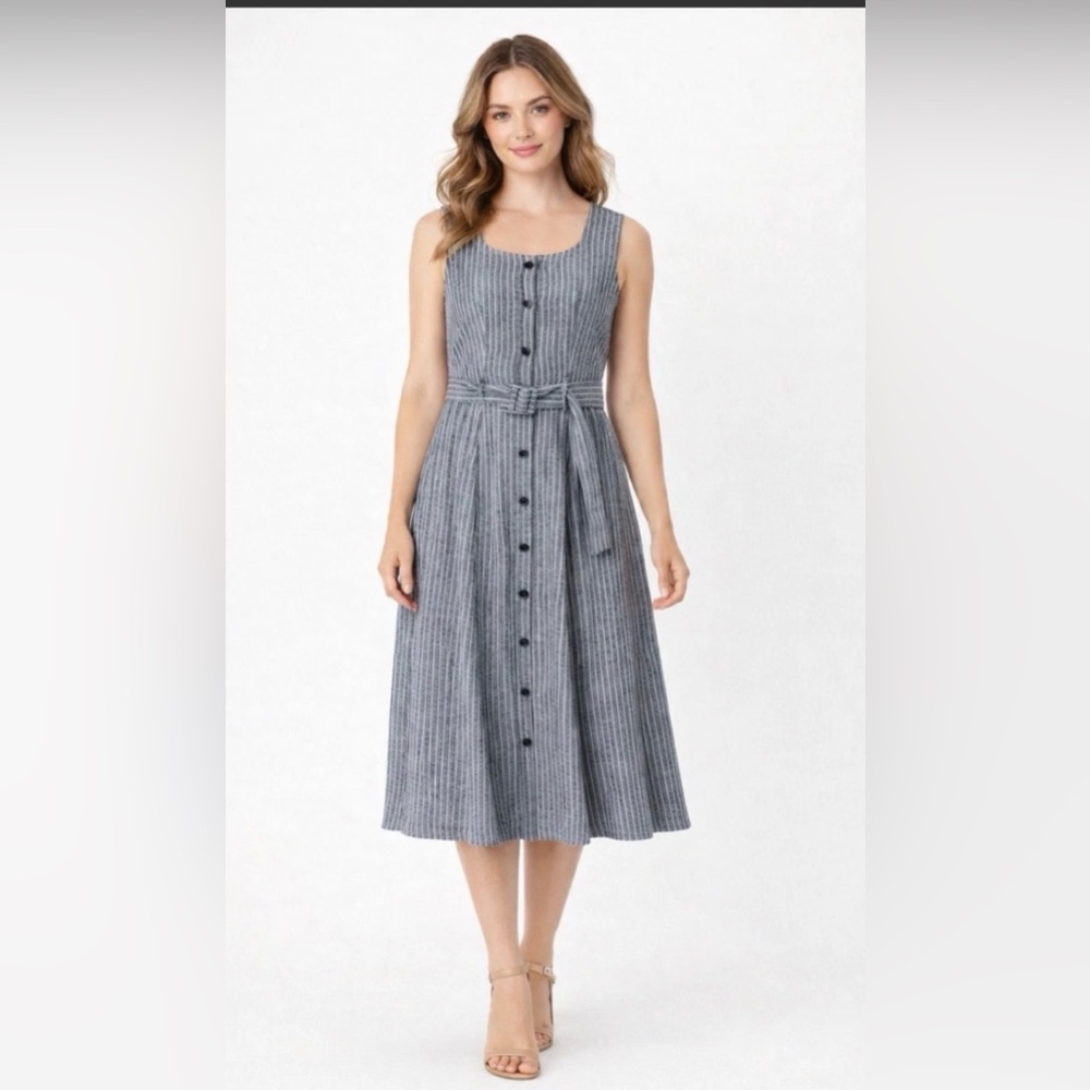 Banana Republic blue Pinstripe linen blend Button-Front Midi Dress size 6